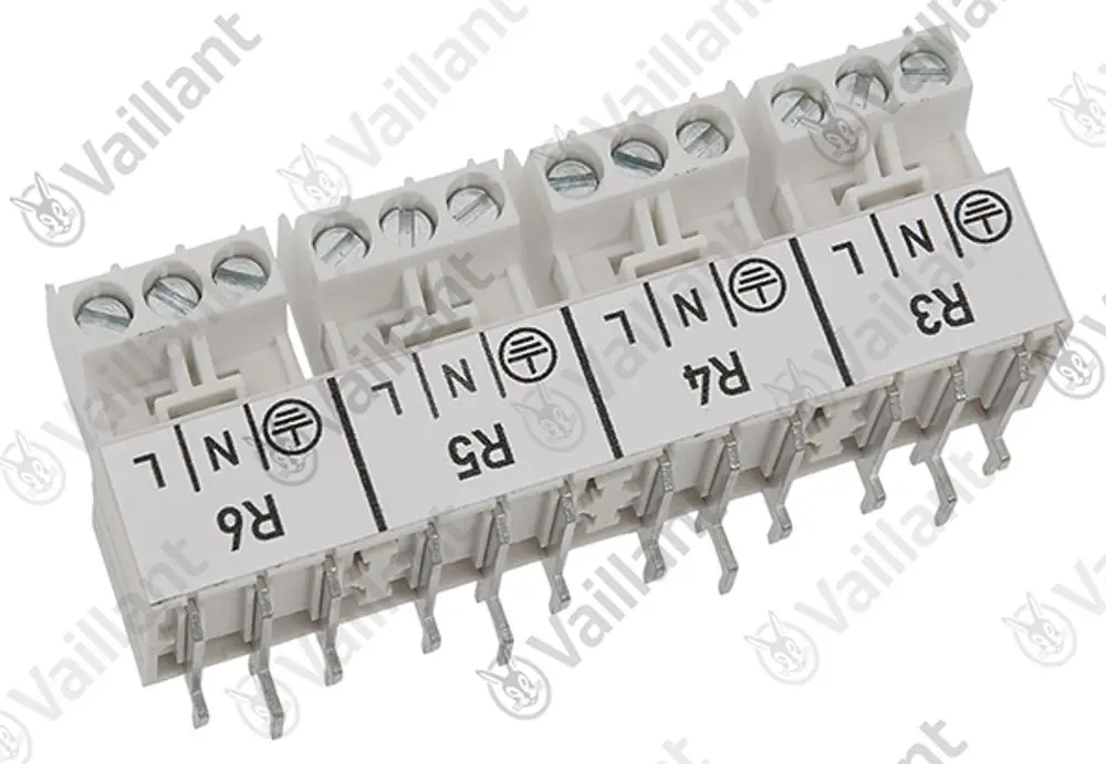 Vaillant Steckverbinder mit mehreren Anschlüssen, gekennzeichnet mit den Nummern R3, R4, R5 und R6, zur elektrischen Verbindung in Heizungsanlagen.